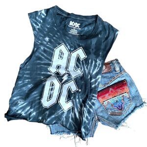 AC/DC Teal Tie Dye Muscle Tee Cut Off T-Shirt L
